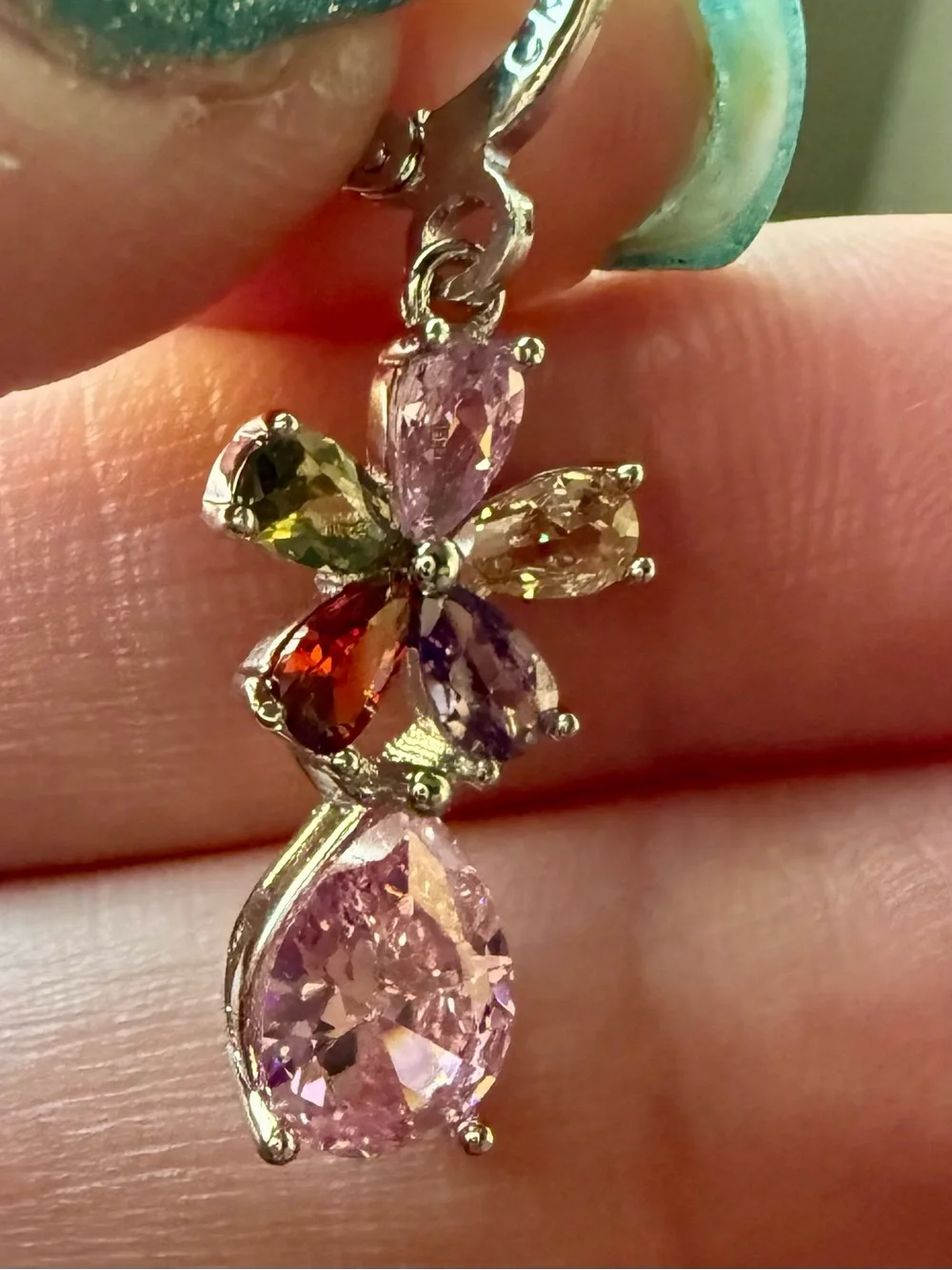 NEW!! Multi-Color Flower Drop Earrings with Pink Teardrop Gem